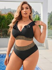 SHEIN Swim Curve Đen Cổ chữ V Kích thước lớn Áo bơi Bộ - màu đen - Xem 3