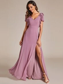 Chiffon Split Thigh Ruffle Trim Bow Shoulder Bridesmaid Dress - Dusty Pink - View 4
