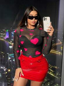 SHEIN ICON Kích thước lớn Của phụ nữ Hình trái tim Lưới trong suốt Viễn cảnh Áo - Màu Hồng Tươi - Xem 5