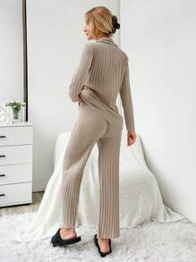 RueChic Women's Contrast Color Piping Plaid Print Ribbed Long Sleeve Top & Pants Pajama Set