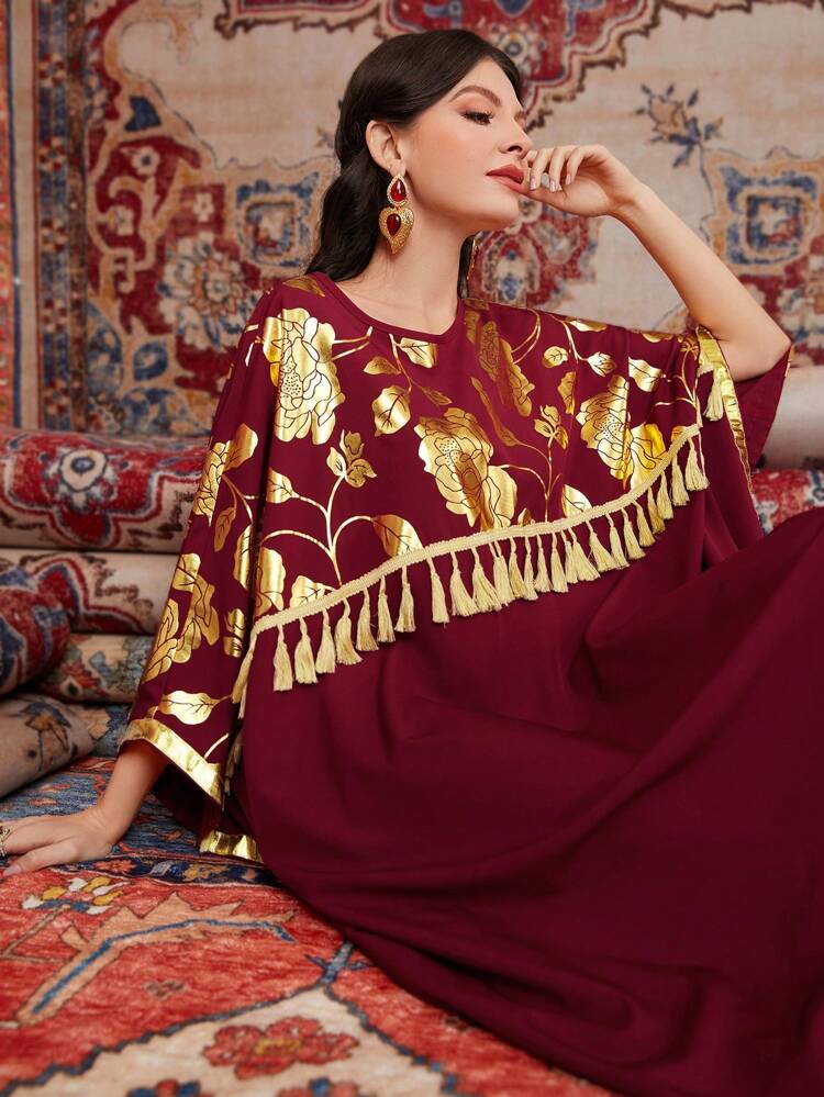 Women's Batwing Sleeve Kaftan Dress With Gold Foil Print, Woven Belt, And Tassel Detail, Elegant Evening Party Dress