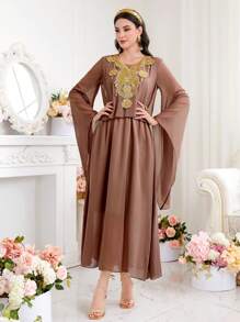 Al Najma Women'S Water-Soluble Lace Patchwork Flare Sleeve Dress Eid Dress