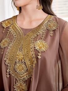 Al Najma Women'S Water-Soluble Lace Patchwork Flare Sleeve Dress Eid Dress