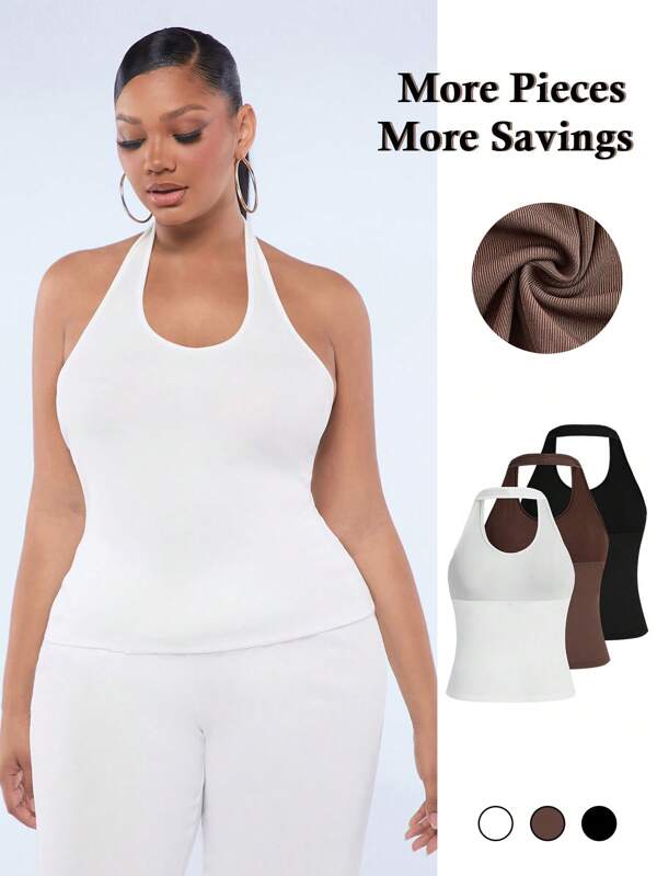 SHEIN SXY Plus Size Women'S Solid Color Halter Neck Tank Top