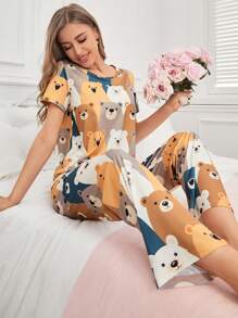 Women's Cute Bear Patterned Casual Pajama Set