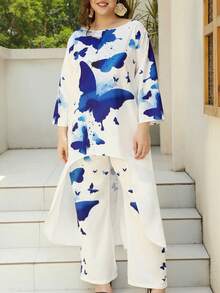 Plus Butterfly Print Asymmetrical Hem Top & Wide Leg Pants - White - View 4
