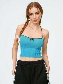 SHEIN Qutie 女式針織露背背心,帶蝴蝶結和芭蕾領 - 藍色 - 查看 4