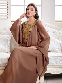 Al Najma Women'S Water-Soluble Lace Patchwork Flare Sleeve Dress Eid Dress
