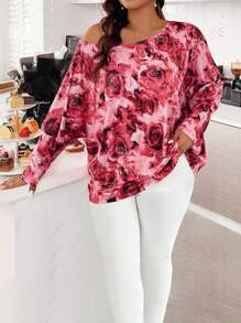 SHEIN Clasi 大尺碼綁染花卉印花不對稱領t恤 - 彩色 - 查看 6