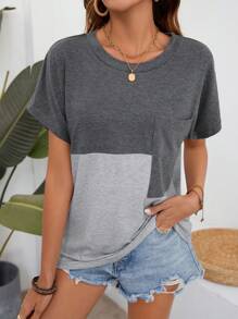 SHEIN LUNE Camiseta De Mujer Con Manga De Murciélago Y Bloques De Color