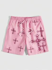 ROMWE MEN Grunge Punk Quần short cạp rút in hình chữ thập cho nam, đi học - Hồng - Xem 1