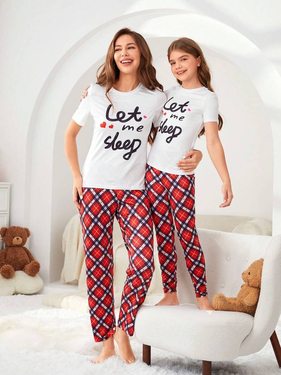 Women's New Classic Red & Black Grid Printed Pants With Letter Printed Round Neck Short Sleeve T-Shirt Two Pieces Set For Home - Multicolor - View 1