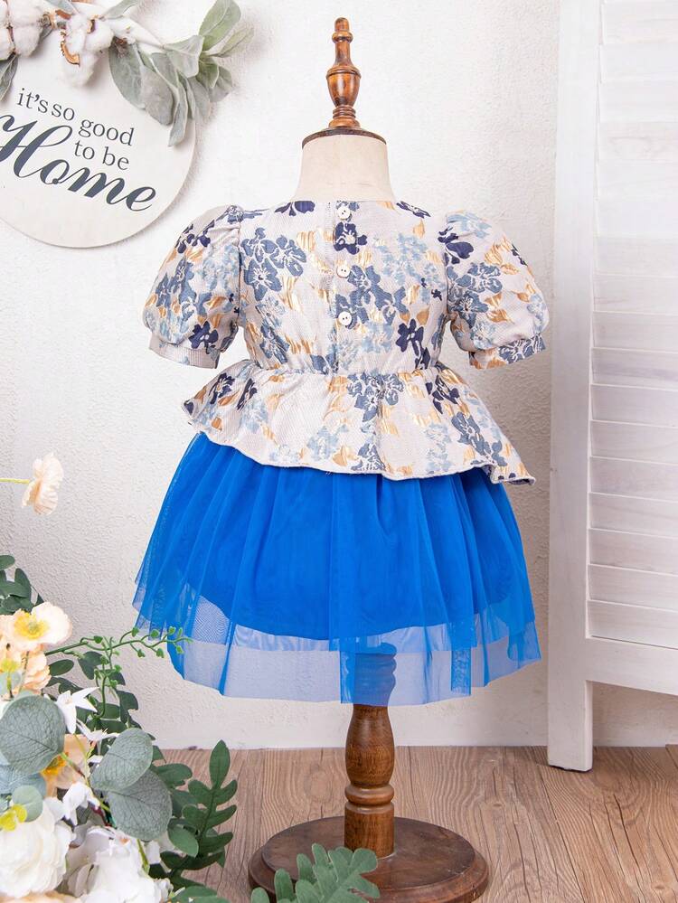 Baby Girl Round Neck Puff Short Sleeve Jacquard Spliced Mesh Dress