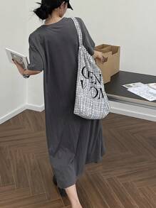 DAZY 女式字母印花短袖连衣裙太阳裙，休闲女装 - 深灰色 - 查看 2