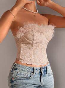 SHEIN 女用蕾絲和襯墊無肩帶胸罩 - 淺粉色 - 查看 4