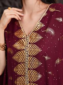 Al Najma Burgundy Red Women's Cape-Style Turkish Long Shirt With Feather Print & Gold Foiling