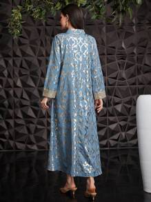 SHEIN Najma Women's Golden Print Floral Long Sleeve Arabian Dress, Modest Kaftan - Blue - View 2