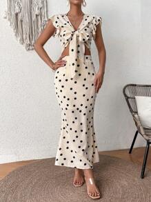 Breezaya Của phụ nữ In vết tròn Polka Peplum Hem Nút phía trước Áo Và Váy nàng tiên cá Hai chiếc Bộ - Màu be - Xem 5