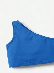 SHEIN Conjunto De Ropa De Bebé Para Niña, Top Sin Mangas Y Pantalones Cortos Con Un Solo Hombro, Color Sólido - Azul - Ver 4