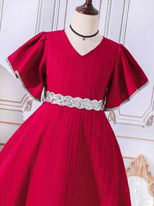 Vestido De Media Longitud Para Niñas Adolescentes Con Cuello En V En Color Rojo Vino - Burdeos - Ver 7