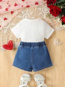 Baby Girl Summer New Heart Pattern Embroidered T-Shirt And Jeans Shorts Set - Multicolor - View 2