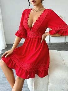 SHEIN Privé Cổ chữ V sâu Váy chữ A Với chuông Và Ren Chi tiết - Đỏ - Xem 4