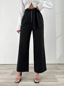 EURMUSE Women's Solid Color Pants With Zipper Fly - Black - View 1