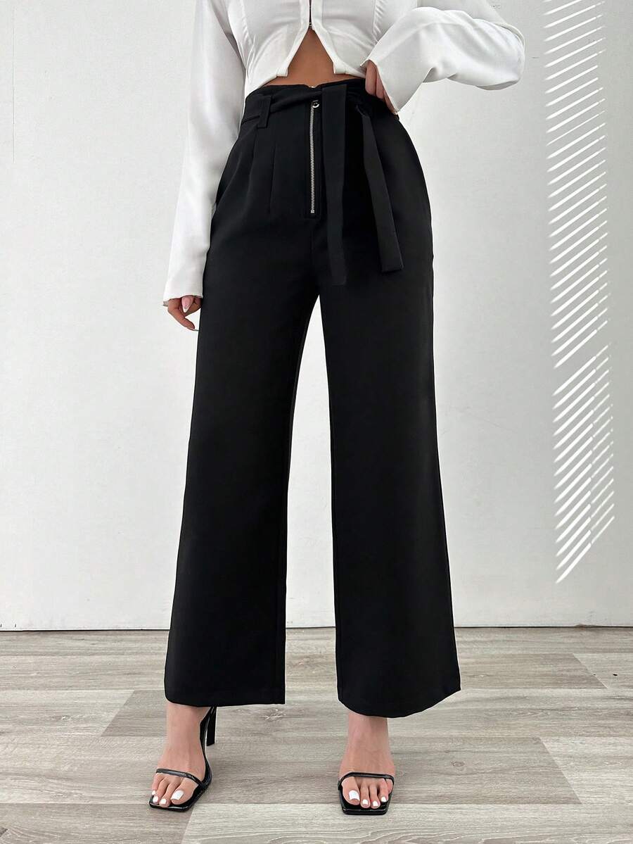 EURMUSE Women's Solid Color Pants With Zipper Fly - Black - View 1