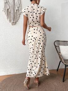 Breezaya Của phụ nữ In vết tròn Polka Peplum Hem Nút phía trước Áo Và Váy nàng tiên cá Hai chiếc Bộ - Màu be - Xem 2