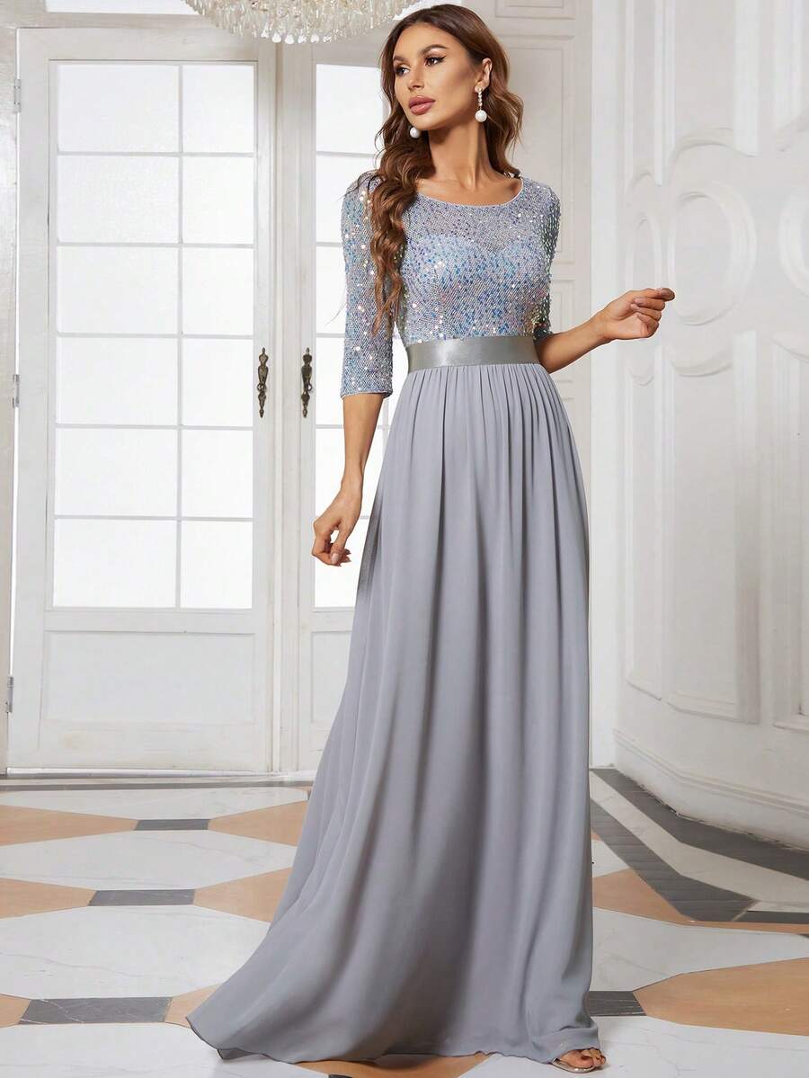 Contrast Sequin Bodice Chiffon Prom Evening Dress - Silver - View 1