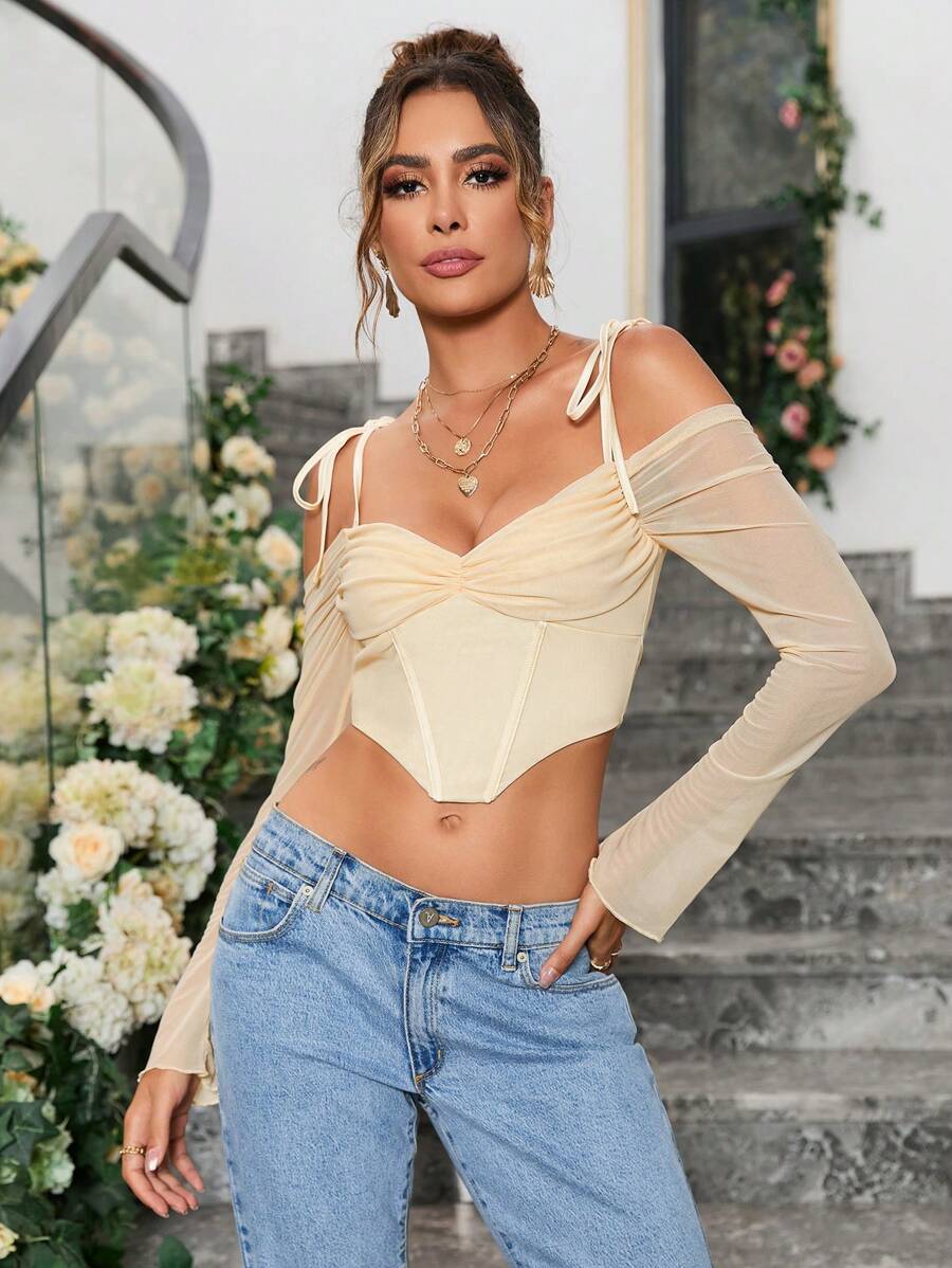 PARTHEA Cold Shoulder Ruched Asymmetrical Hem Mesh Corset Top - Apricot - View 1