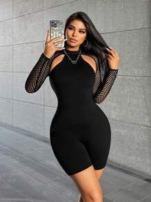 SHEIN SXY Bộ đồ liền thân bó sát màu trơn dành cho nữ Unitard Trang phục mùa hè Lưới đen gợi cảm Trang phục buổi hòa nhạc tương phản - màu đen - Xem 4