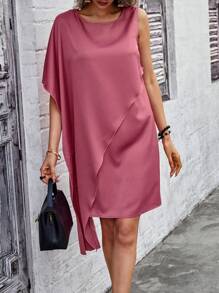 SHEIN Clasi Ladies' Solid Color Wrap Around Asymmetrical Hem Dress