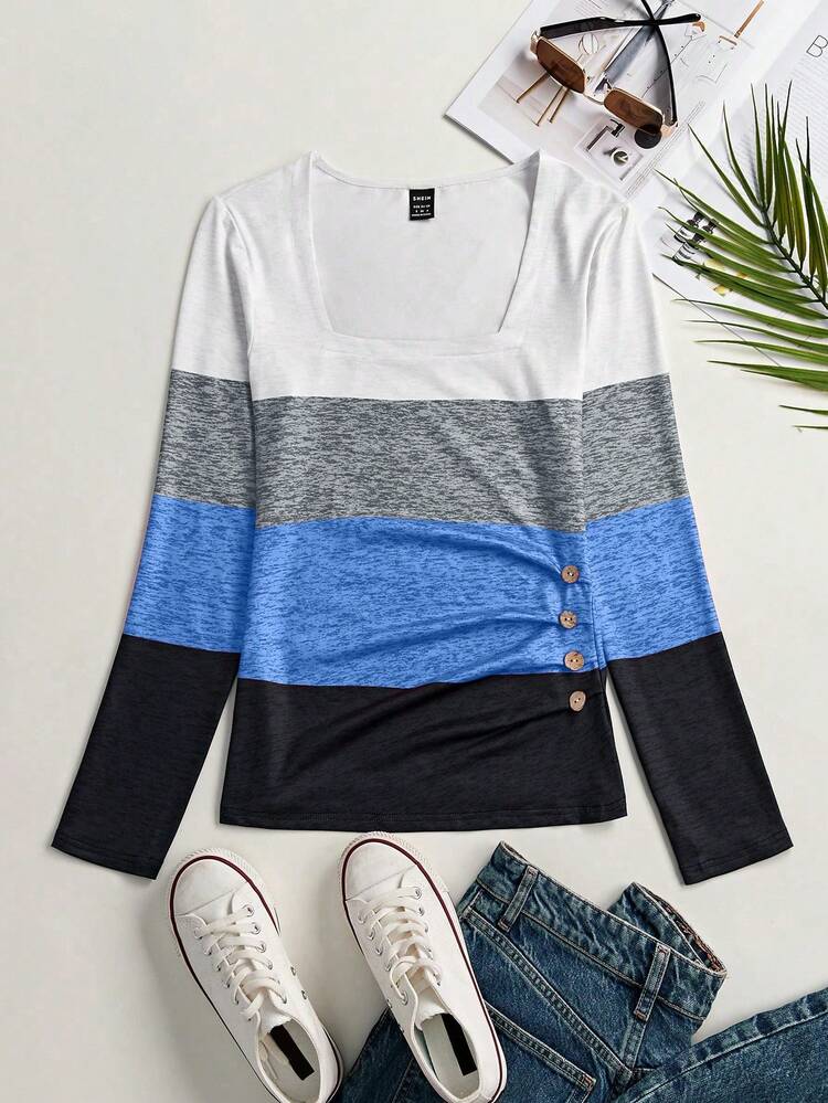 Square Collar Long Sleeve Button Decor Contrast Color T-Shirt Fall Cloth For Women