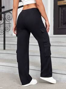 Y2K Multi Flap Pocket Straight Leg Elastic Waistband Cargo Jeans For Women - Black - View 2