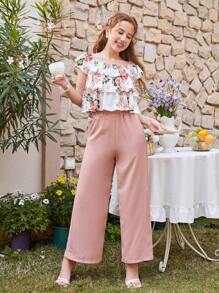 SHEIN Teen Girl's Floral Print Multi-Layer Ruffle Trim Shirt With Slanted Pockets And Long Pants Casual 2-Piece Set