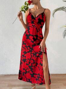 SHEIN Frenchy Women's Floral Print Split Hem Spaghetti Strap Dress - Red - View 3