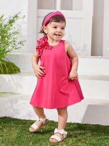 SHEIN Baby Girl Casual Loose Solid Color Sleeveless Dress With Ruffle Hem For Summer - Hot Pink - View 6