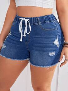 SHEIN EZwear Plus Size Women's Drawstring Frayed Denim Shorts - Medium Wash - View 6