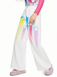 SHEINNeu Pantaloni cu imprimeu cu stele colorate cu dopamină Pantaloni de rochie Vacanța de primăvară Rochii pentru femei de petrecere Concert de vară Pantaloni de vară pentru femei Haine de vară - alb - Vizualizare 4