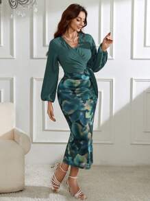 Modelyn Women's Lantern Sleeve Wrap Top And Printed Skirt Two Piece Set - Green - View 4