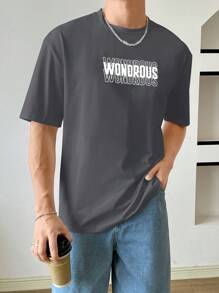 Manfinity RebelGame Loose Men's Letter Printed Stretchy Knit T-Shirt - Dark Grey - View 2