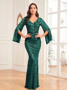 XUIBOL Women's Split Sleeve Sequin Embroidered Evening Gown - Dark Green - View 6
