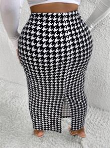 Maweii Falda de talle alto con estampado de pata de gallo para tallas grandes, otoño - Blanco y Negro - Ver 2