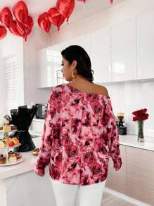 SHEIN Clasi 大尺碼綁染花卉印花不對稱領t恤 - 彩色 - 查看 2