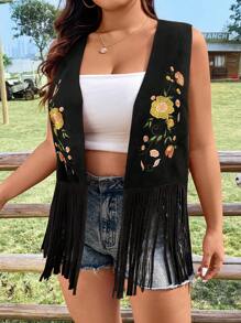 Flirla Plus Size Summer Flower Embroidery Fringe Hem Vest Coat