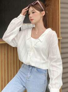 DAZY 女式宽松纯色长袖衬衫，下摆磨损，透视