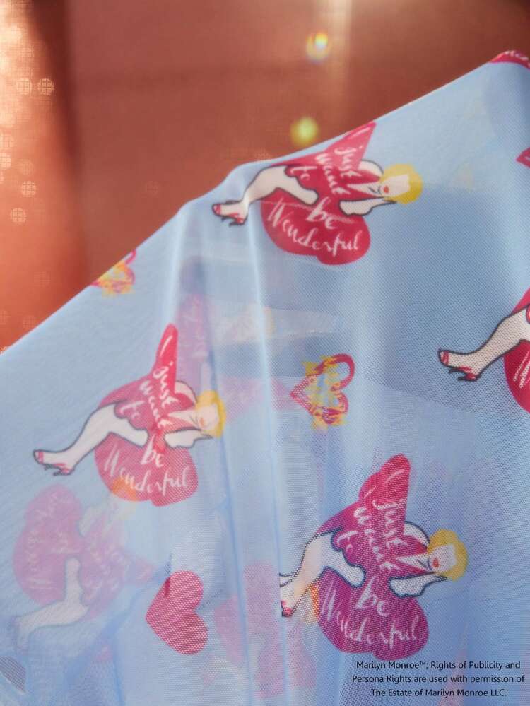 Character And Heart Print Flared Sleeve Lettuce Trim Two-Piece Set