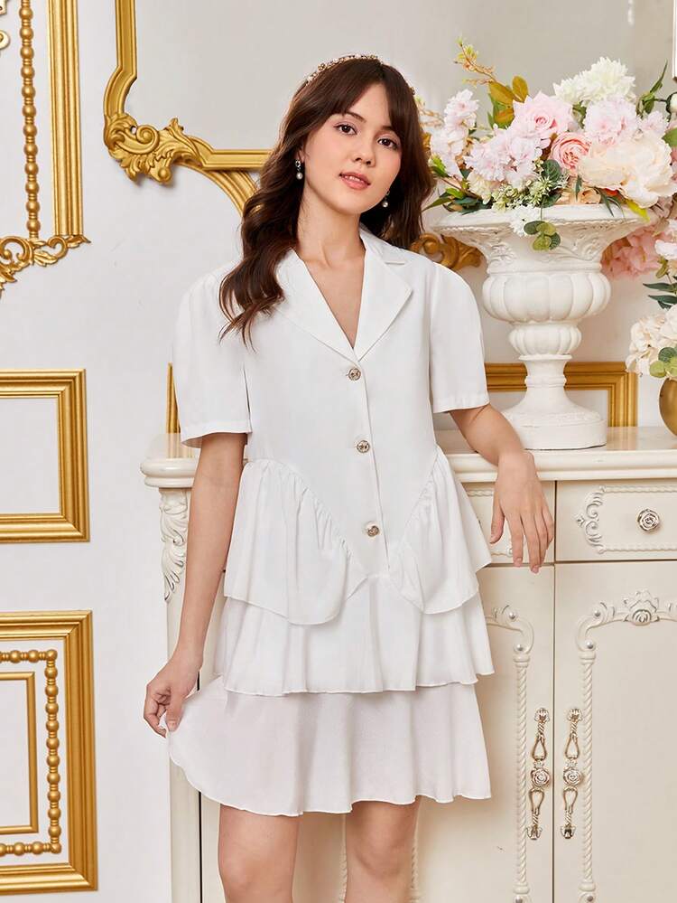 Teen Girl's Fashionable Puff Sleeves Dress With Blazer Collar