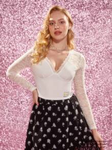 Marilyn Monroe X SHEIN V-Neck Lace Panel T-Shirt - White - View 7